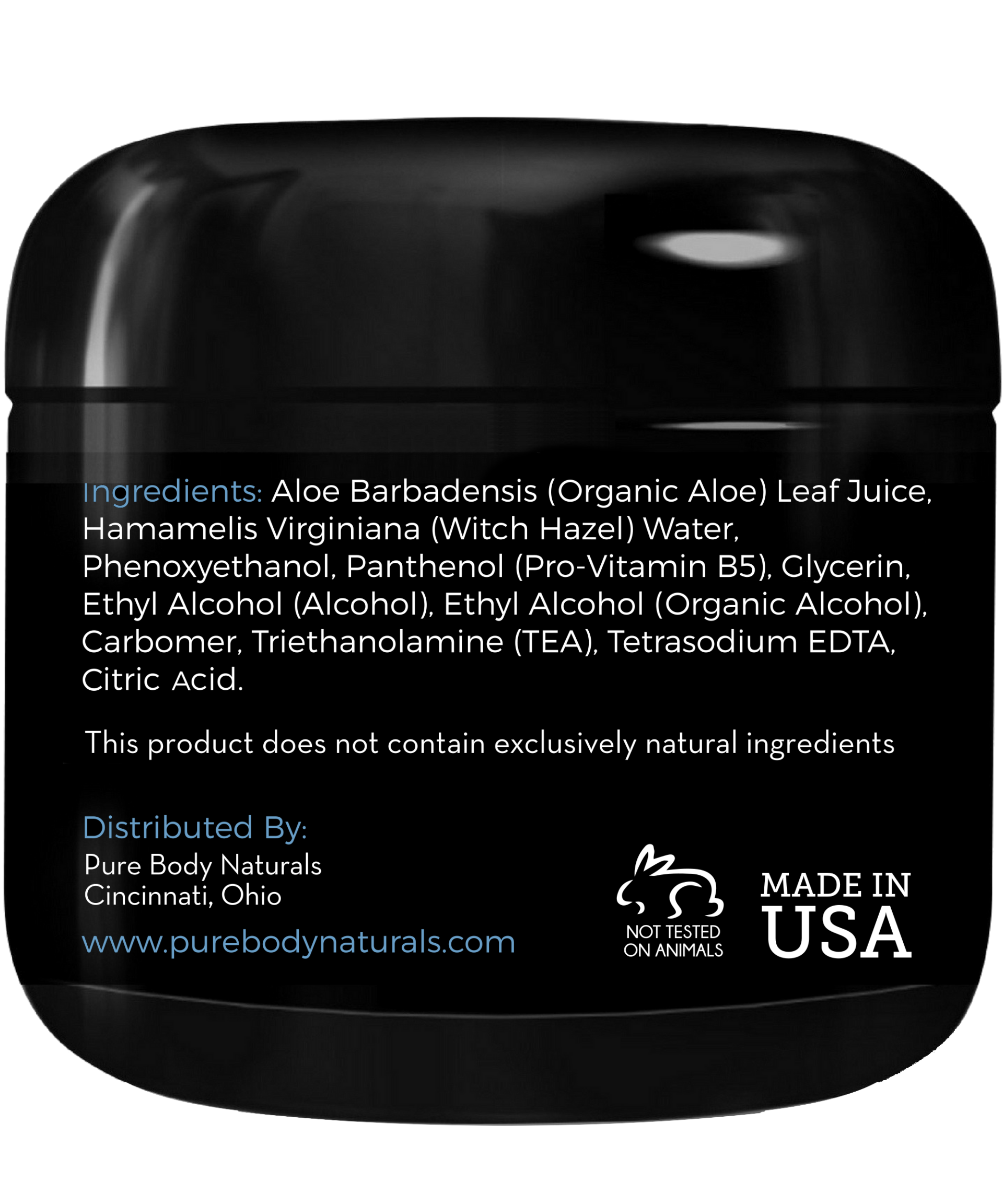 A black cosmetic jar labeled "Hair Gel for Men" lists ingredients: Aloe Barbadensis (Organic Aloe) Leaf Juice, Hamamelis Virginiana (Witch Hazel) Water, and other substances. It states "not tested on animals" and indicates it is made in the USA. The distributor is Pure Body Naturals, Cincinnati, Ohio.