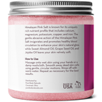 A jar of Himalayan Pink Salt Exfoliating Scrub from Pure Body Naturals. The label highlights benefits of the scrub and its ingredients, such as Sweet Almond Oil, Grape Seed Oil, and Jojoba Oil. It includes usage instructions and states it is made in the USA.