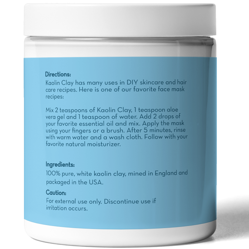 A white jar with a blue label displays usage instructions for Kaolin Clay Powder, 100 g. The directions detail a recipe combining kaolin clay, aloe gel, water, and essential oil, to be applied and rinsed off after 5 minutes. The jar includes ingredients and caution information.