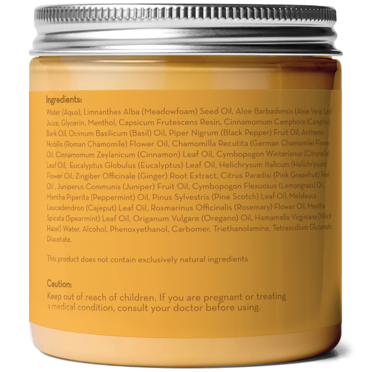 A clear jar with a silver screw-top lid contains Maximum Strength Hot Cream listing its ingredients and a caution. The text includes various oils, extracts, and botanicals. The caution advises keeping out of reach of children and consulting a doctor if pregnant or treating a medical condition.