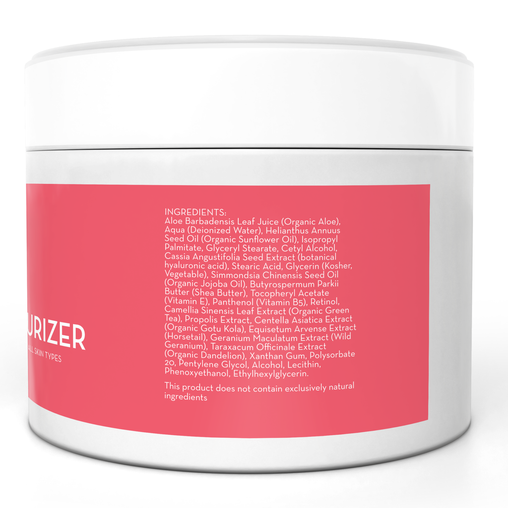 A white cosmetic container with a pink label showing the partial word "Retinol Moisturizer Cream, 1.7 Ounce". The label lists ingredients including aloe, sunflower seed oil, shea butter, and various extracts. Text on the bottom says "This product does not contain exclusively natural ingredients.