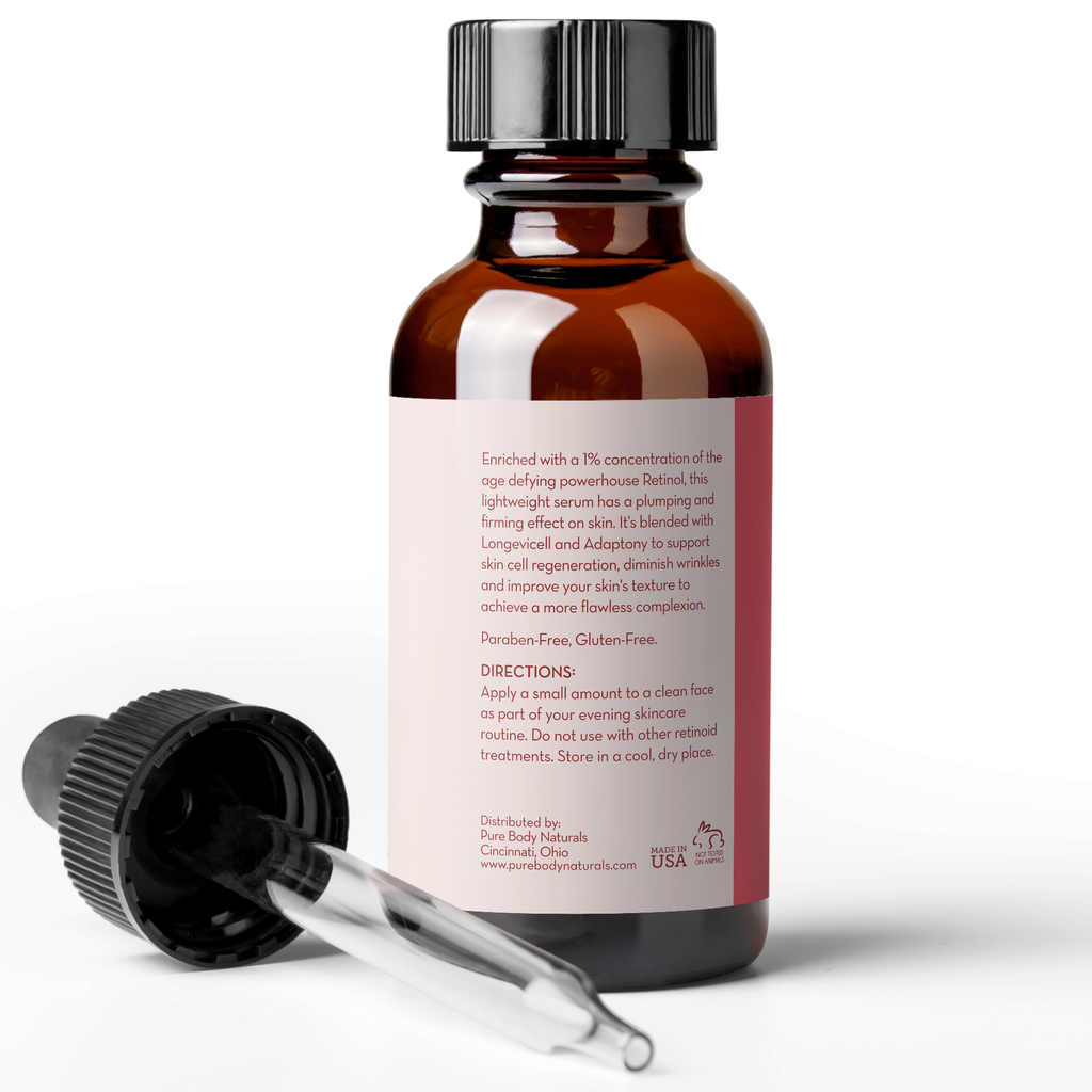 A brown glass bottle of Retinol Face Serum with Witch Hazel, Myrtle Oil, and Ginseng, 1 Fl Oz with a black dropper cap. The bottle features text on the label detailing product benefits, usage instructions, and brand information. The dropper is placed in front of the bottle on a white background.