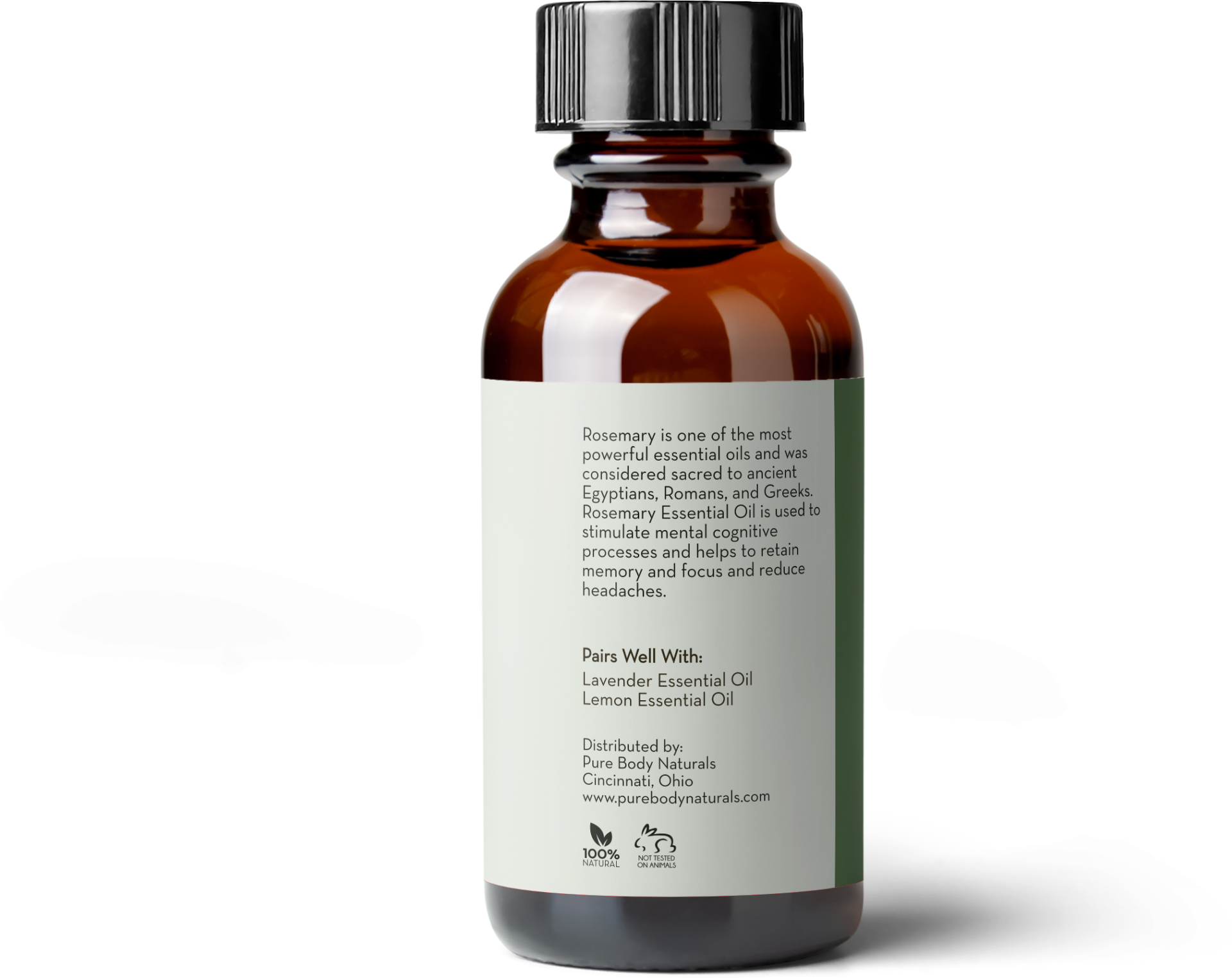 A small, amber-colored Rosemary Essential Oil bottle with a black cap. The label includes text about the uses of rosemary essential oil, mentioning its ability to stimulate cognitive processes and reduce headaches. It pairs well with lavender and lemon essential oils.