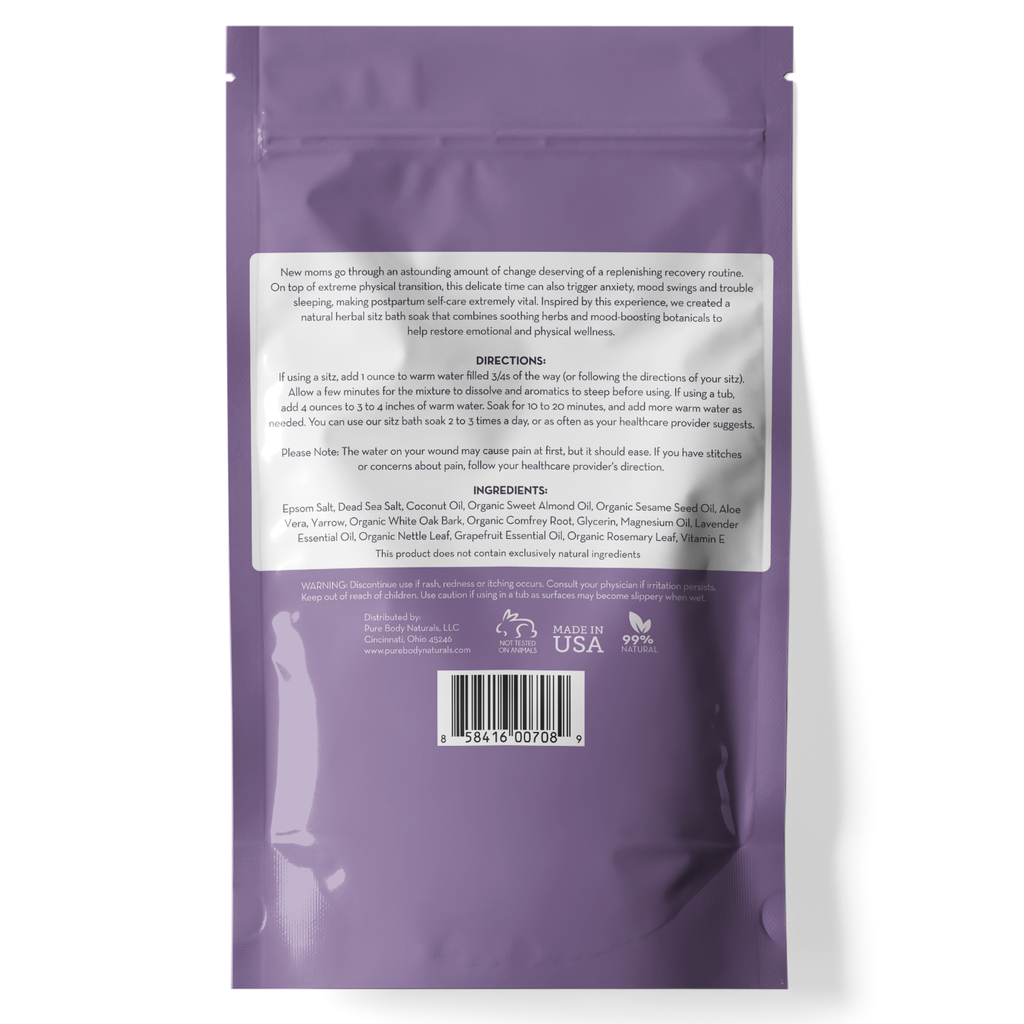 A purple resealable bag with white text detailing directions and ingredients for use. The text includes instructions for adding the Recovery Ritual Sitz Bath Salt, 32 oz to a baby's bath, followed by a list of ingredients. A barcode appears at the bottom center. The package is labeled as being made in the USA.