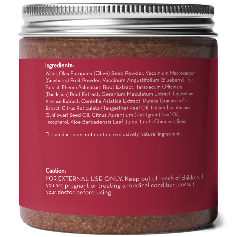 A jar of Superfruit Smoothie Scrub with a maroon label. The label lists ingredients like olive seed powder, cranberry, and blueberry fruit extracts, and includes a caution to keep out of reach of children and to consult a doctor before use if pregnant or treating a medical condition.