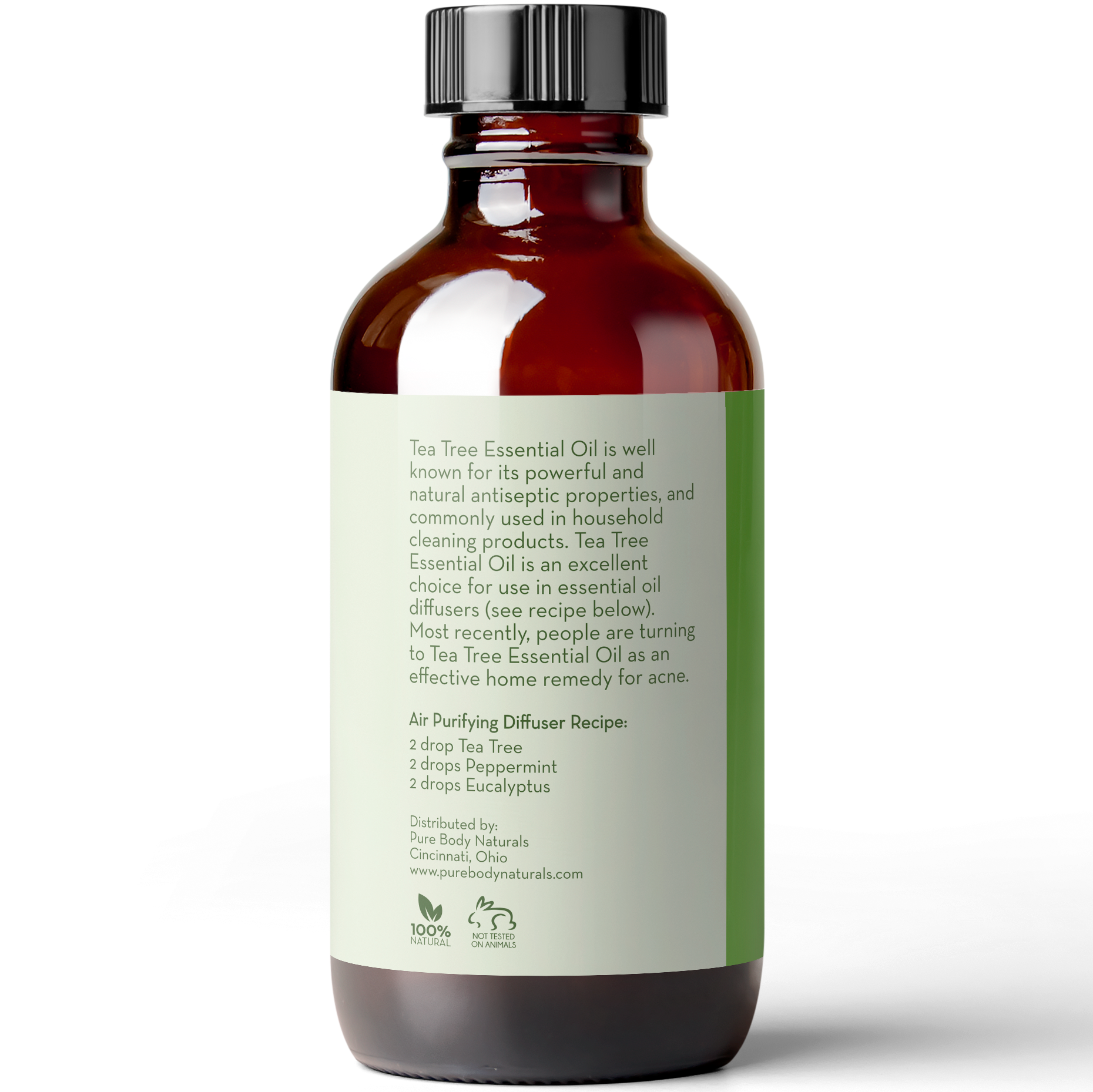 A brown glass bottle with a black cap contains Tea Tree Essential Oil, 4 fl oz. The label provides information about its antiseptic properties and usage in household cleaning products. An air-purifying diffuser recipe is included: 2 drops each of Tea Tree, Peppermint, and Eucalyptus oils.