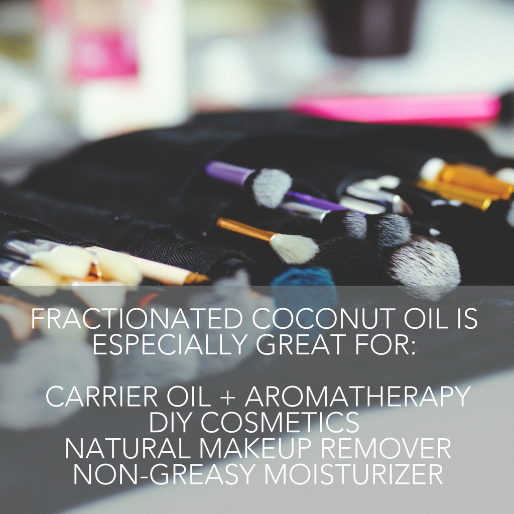 A set of makeup brushes lying on a dark surface with out-of-focus makeup items in the background. Text on the image reads: "Fractionated Coconut Oil, 100% Pure is especially great for: carrier oil + aromatherapy, DIY cosmetics, natural makeup remover, non-greasy moisturizer.