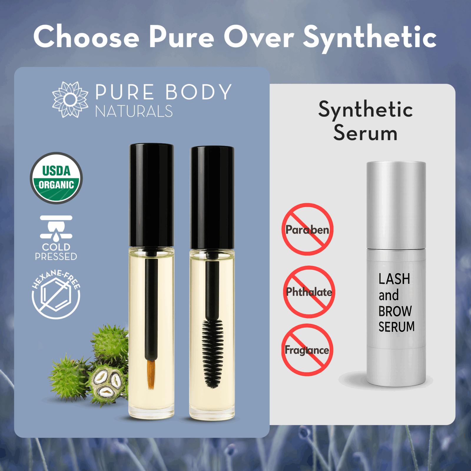 Two bottles of Pure Body Naturals products with a synthetic serum comparison on a blue background.