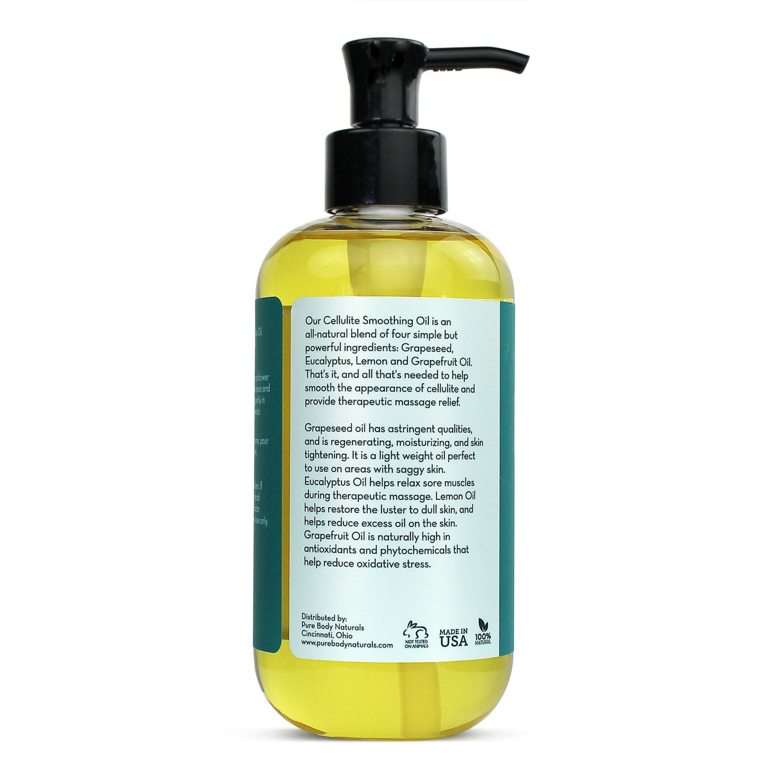 Bottle of oil with a pump and label on a white background