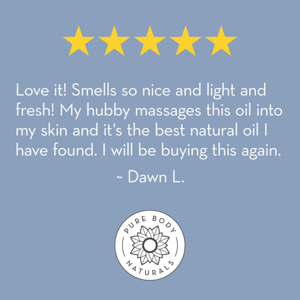 Five-star rating with a review and Pure Body Naturals logo on a blue background