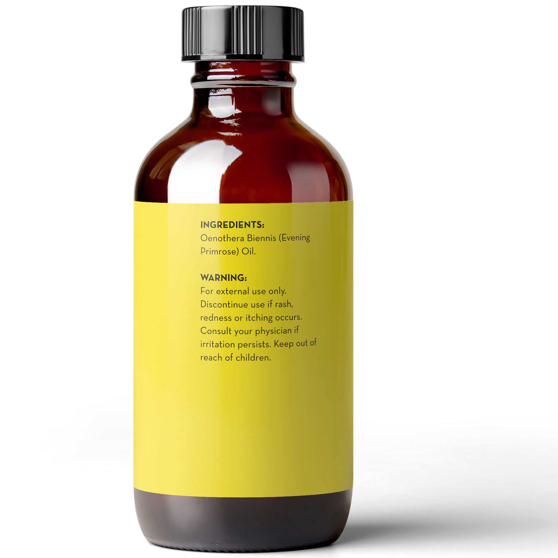 A brown glass bottle with a black cap featuring a yellow label. The label reads: "Evening Primrose Oil, 4 fl oz. INGREDIENTS: Oenothera Biennis (Evening Primrose) Oil. WARNING: For external use only. Discontinue use if rash, redness or itching occurs. Consult your physician if irritation persists. Keep out of reach of children.”