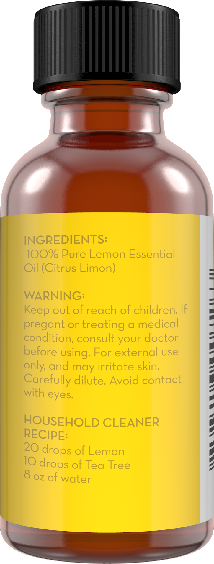 A small amber bottle with a black cap, labeled "Lemon Essential Oil." The label reads: Ingredients: 100% Pure Lemon Essential Oil (Citrus Limon). Warning: Keep out of reach of children. Consult doctor if pregnant or on medication. For external use only. Carefully dilute. Avoid contact with eyes. Household cleaner recipe: 20 drops of Lemon Essential Oil, 10 drops of Tea Tree, 8 oz of water.