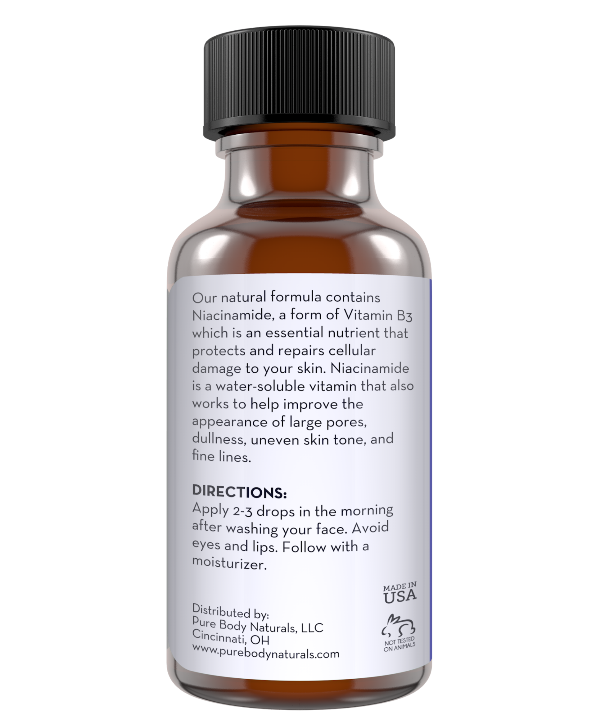 A brown glass bottle with a black cap labeled "Vitamin B3 Serum." The label mentions the product contains Niacinamide, a form of Vitamin B3 used to improve skin texture. Directions advise applying 2-3 drops in the morning after washing the face. Made in the USA.
