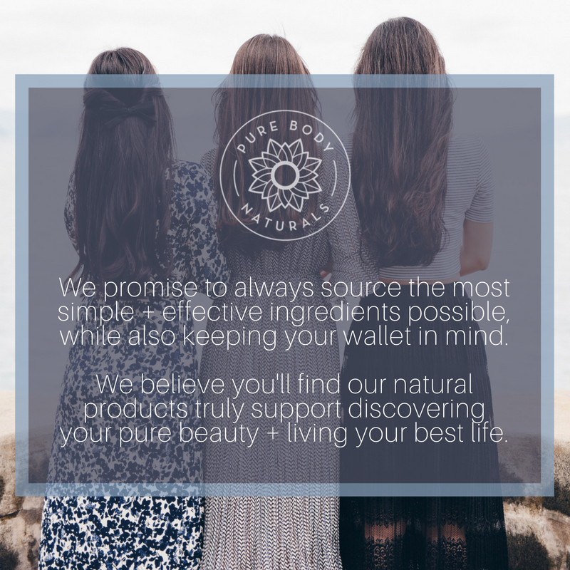 Three women stand with their backs facing the camera, looking out at a blurred natural backdrop. Overlaid text reads, "Superfruit Smoothie Scrub: We promise to always source the most simple + effective ingredients possible, while also keeping your wallet in mind.
