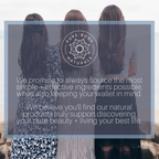 Three women stand with their backs facing the camera, looking out at a blurred natural backdrop. Overlaid text reads, "Superfruit Smoothie Scrub: We promise to always source the most simple + effective ingredients possible, while also keeping your wallet in mind.