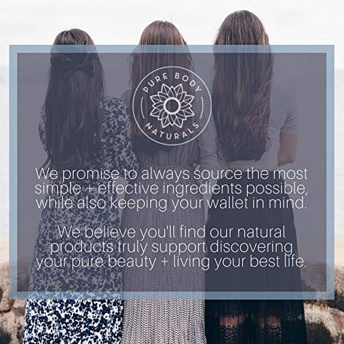 Three people with long hair stand closely, facing away from the camera. They are within a transparent square overlay, featuring the Rosehip Seed Oil, 4 fl oz logo and text about their commitment to using simple, effective, and affordable ingredients in their products.