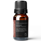 A small amber bottle with a black cap labeled "Cinnamon Cassia Essential Oil, 10 ml". Contains 10 ml (0.33 fl. oz.). Ingredient: Cinnamomum cassia (Chinese Cinnamon) Oil. Extraction method: Steam distillation. Warning: Keep out of reach of children.