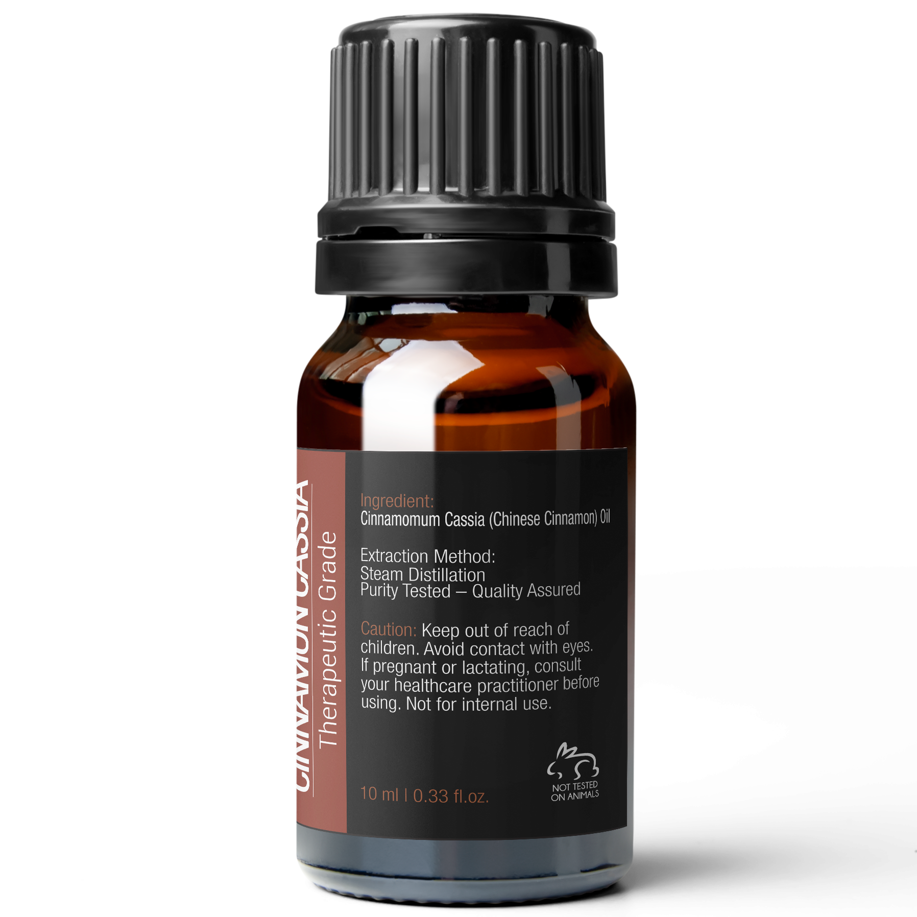 A small amber bottle with a black cap labeled "Cinnamon Cassia Essential Oil, 10 ml". Contains 10 ml (0.33 fl. oz.). Ingredient: Cinnamomum cassia (Chinese Cinnamon) Oil. Extraction method: Steam distillation. Warning: Keep out of reach of children.