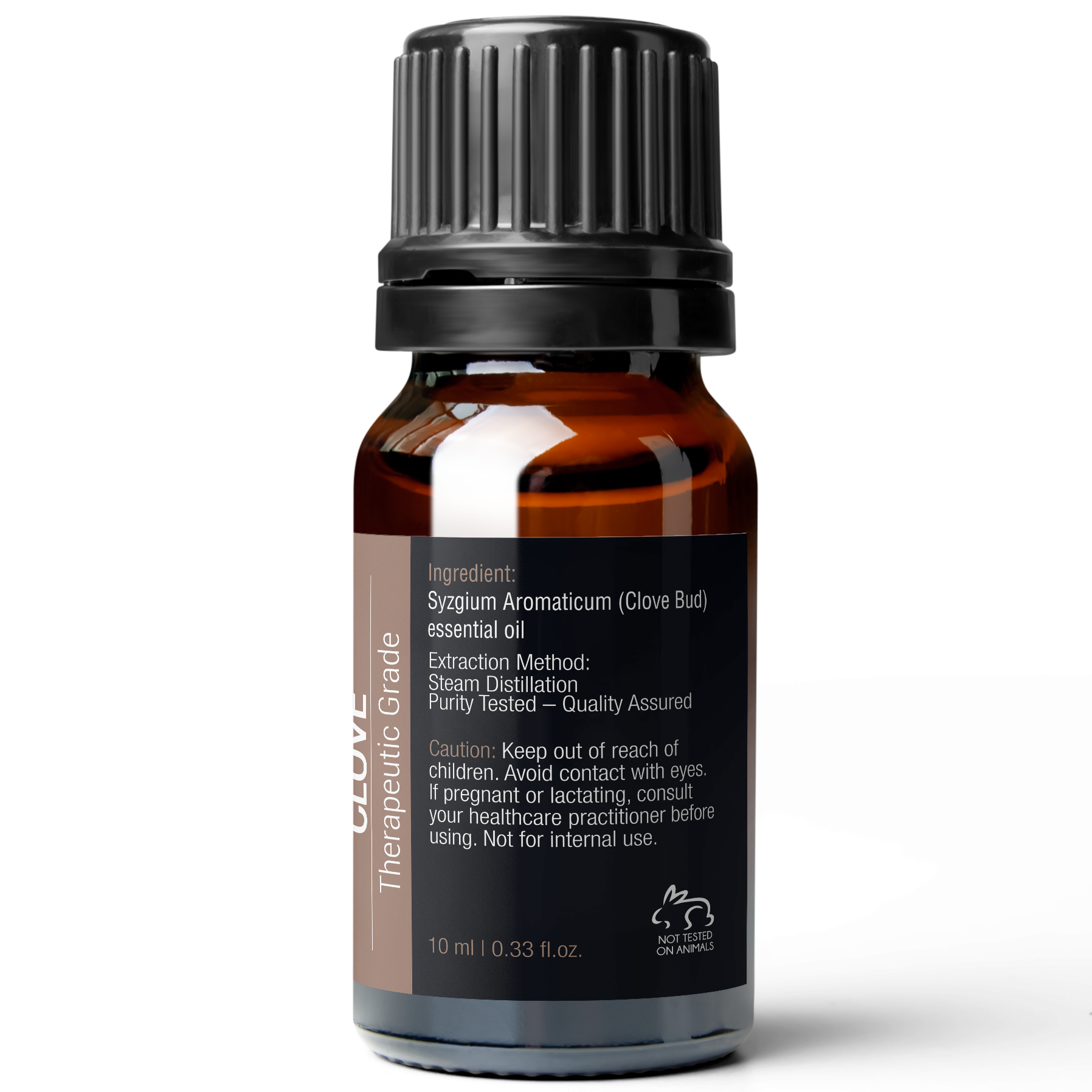 A small dark amber bottle of Clove Essential Oil, 10 ml with a black cap. The label provides details such as ingredients, extraction method (steam distillation), and safety information. The bottle has a capacity of 10 ml (0.33 fl oz).