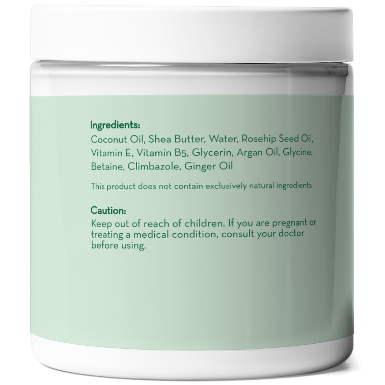 A white container with a light green label displays product information. The ingredients listed include coconut oil, shea butter, rosehip seed oil, among others. A caution advises keeping out of reach of children and consulting a doctor if pregnant or treating a medical condition. The product name is Coconut Oil Intensive Repair Hair Mask.