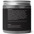 A dark grey cosmetic container with a silver lid displays a list of ingredients and a warning. Ingredients include potato starch, corn starch, kaolin, jojoba oil, and lavender oil. The warning advises external use only and to discontinue use if irritation occurs on the Dead Sea Mud Mask.