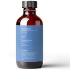 A brown glass bottle with a black cap features a blue label. The label lists ingredients, origin, extraction method, aroma, and warnings. The essential oil is Frankincense Essential Oil, 4 fl oz, originated from India, steam distilled, with a balsamic, spicy aroma.