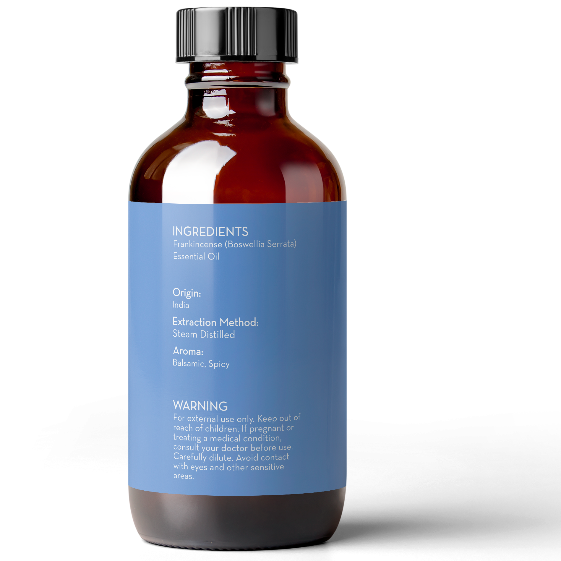 A brown glass bottle with a black cap features a blue label. The label lists ingredients, origin, extraction method, aroma, and warnings. The essential oil is Frankincense Essential Oil, 4 fl oz, originated from India, steam distilled, with a balsamic, spicy aroma.
