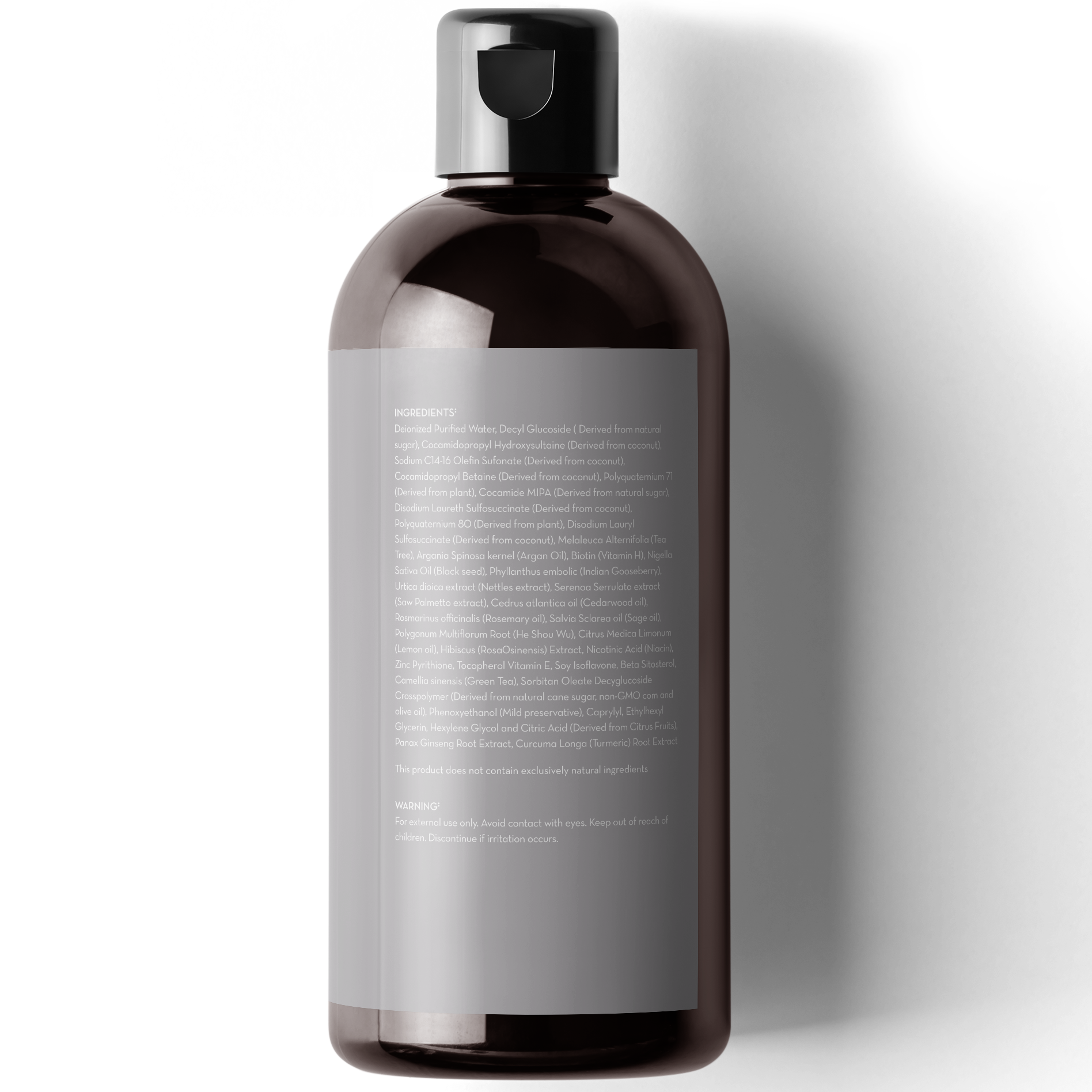 A dark amber plastic bottle of Restore & Strengthen Shampoo for Hair Growth with a black flip-top cap, featuring a gray label with white text detailing ingredients and warnings. The bottle is positioned against a white background, casting a soft shadow to the right.