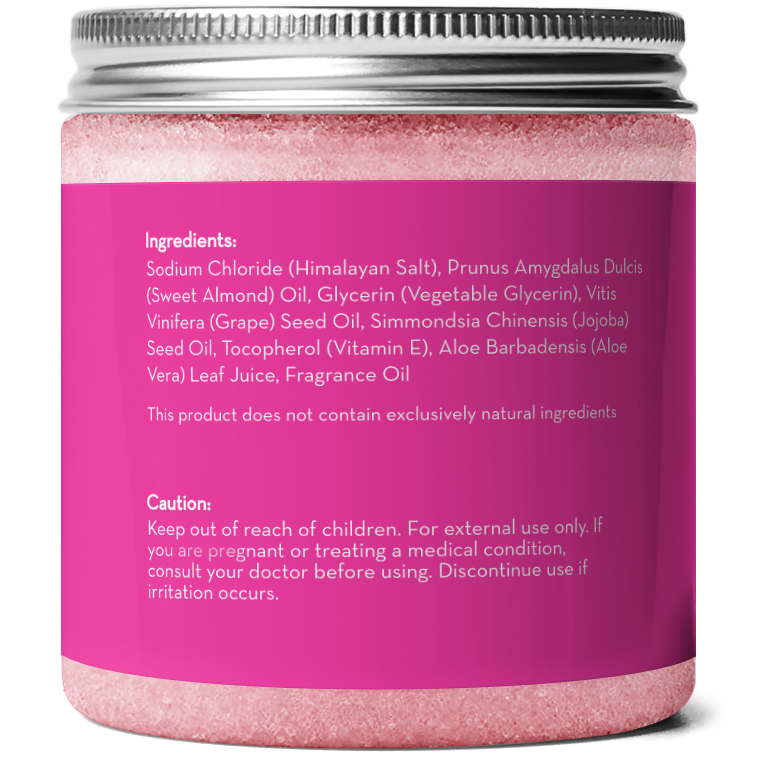 A pink jar labeled with ingredient and caution information. Ingredients listed include Himalayan salt, sweet almond oil, glycerin, grape seed oil, jojoba seed oil, vitamin E, aloe vera leaf juice, and fragrance oil. The caution advises keeping out of reach of children. Product Name: Himalayan Pink Salt Exfoliating Scrub.