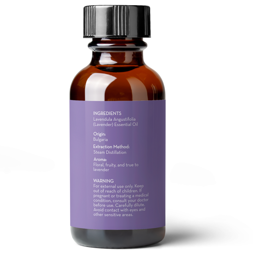 Brown glass bottle with a purple label on a white background