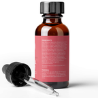 A brown glass bottle with a black dropper cap, featuring a pink label with white text. The label lists ingredients such as Aloe Barbadensis Leaf Juice and provides a warning for external use only. A separate dropper lies next to the bottle of Retinol Face Serum with Witch Hazel, Myrtle Oil, and Ginseng, 1 Fl Oz.