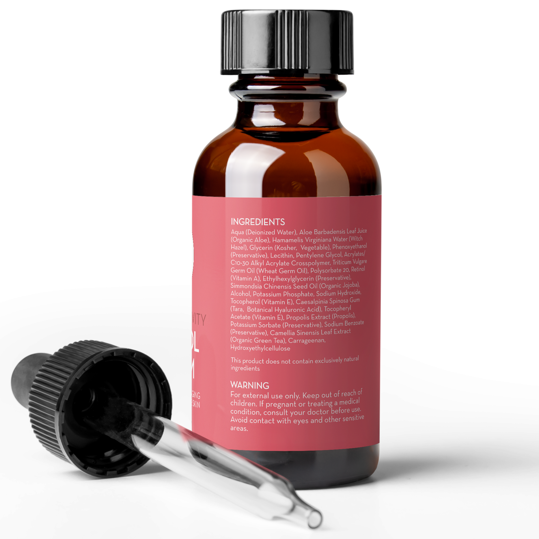 A brown glass bottle with a black dropper cap, featuring a pink label with white text. The label lists ingredients such as Aloe Barbadensis Leaf Juice and provides a warning for external use only. A separate dropper lies next to the bottle of Retinol Face Serum with Witch Hazel, Myrtle Oil, and Ginseng, 1 Fl Oz.