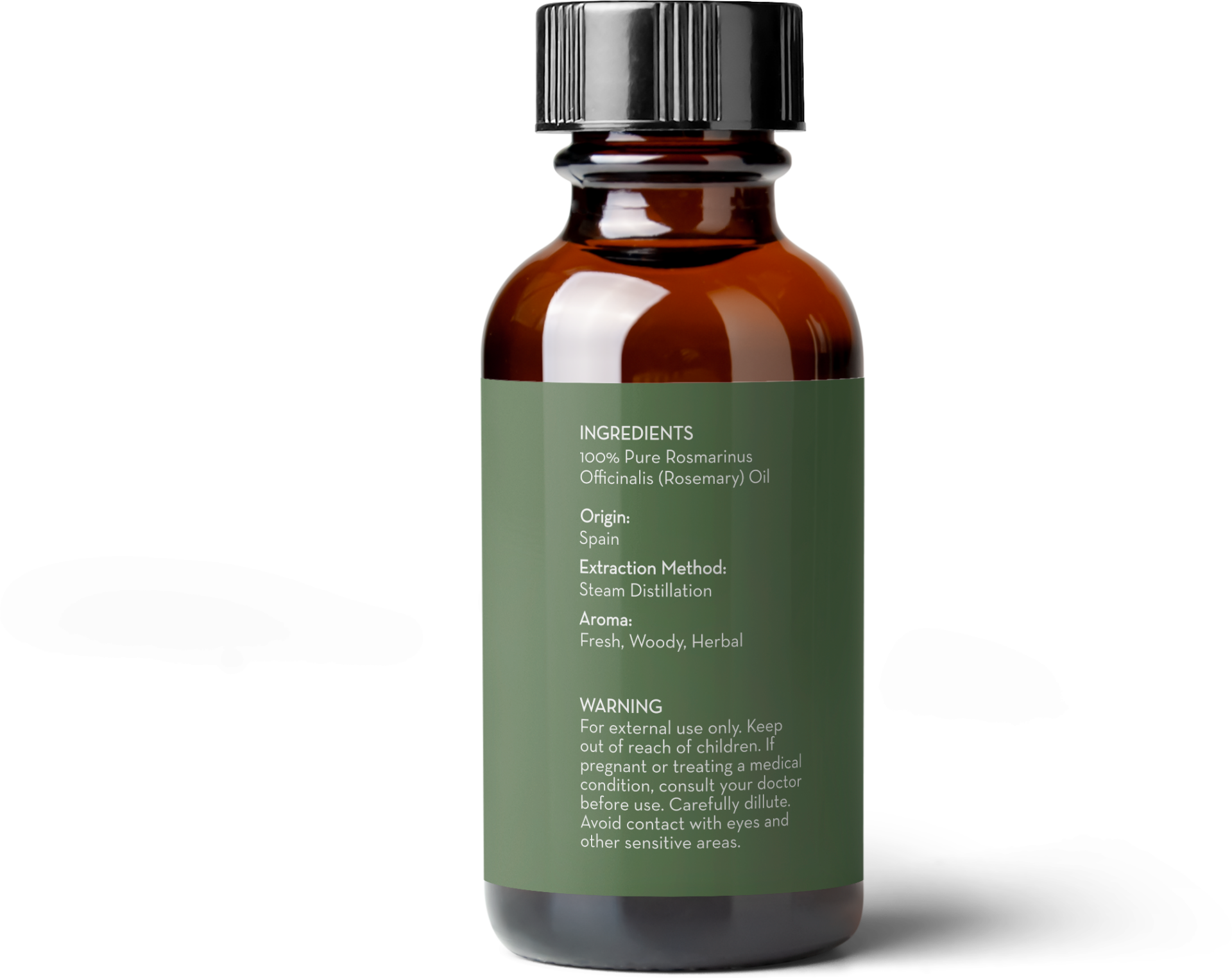 A brown glass bottle with a black cap, containing Rosemary Essential Oil. The green label lists ingredients, origin (Spain), extraction method (steam distillation), aroma (fresh, woody, herbal), and a warning for external use only.