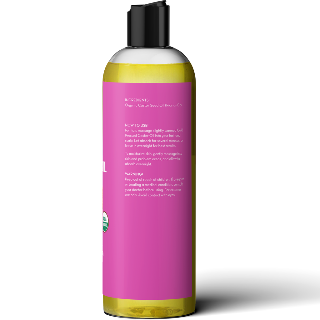 Bottle with pink label and black cap on a white background