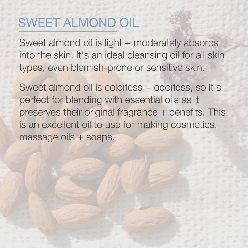 Text about sweet almond oil with almonds in the background