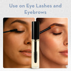 Product for eye lashes and eyebrows with close-up of application on eyes.