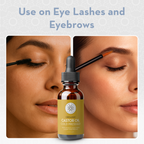 Woman applying organic castor oil to eyelashes with mascara wand and to eyebrows with brush applicator.