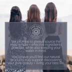 Three women with long hair stand with their backs to the camera, facing a body of water. A large, semi-transparent square with the text "We promise to always source the most simple + effective ingredients possible, while also keeping your wallet in mind. We believe you'll find our Lemon Essential Oil, 4 fl oz truly support discovering your pure beauty + living your best life." overlays the bottom half of the image, along with the "Pure Body Naturals" logo.