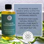 Bottle of Pure Body Naturals cellulite smoothing oil with brand logo and text on a light background