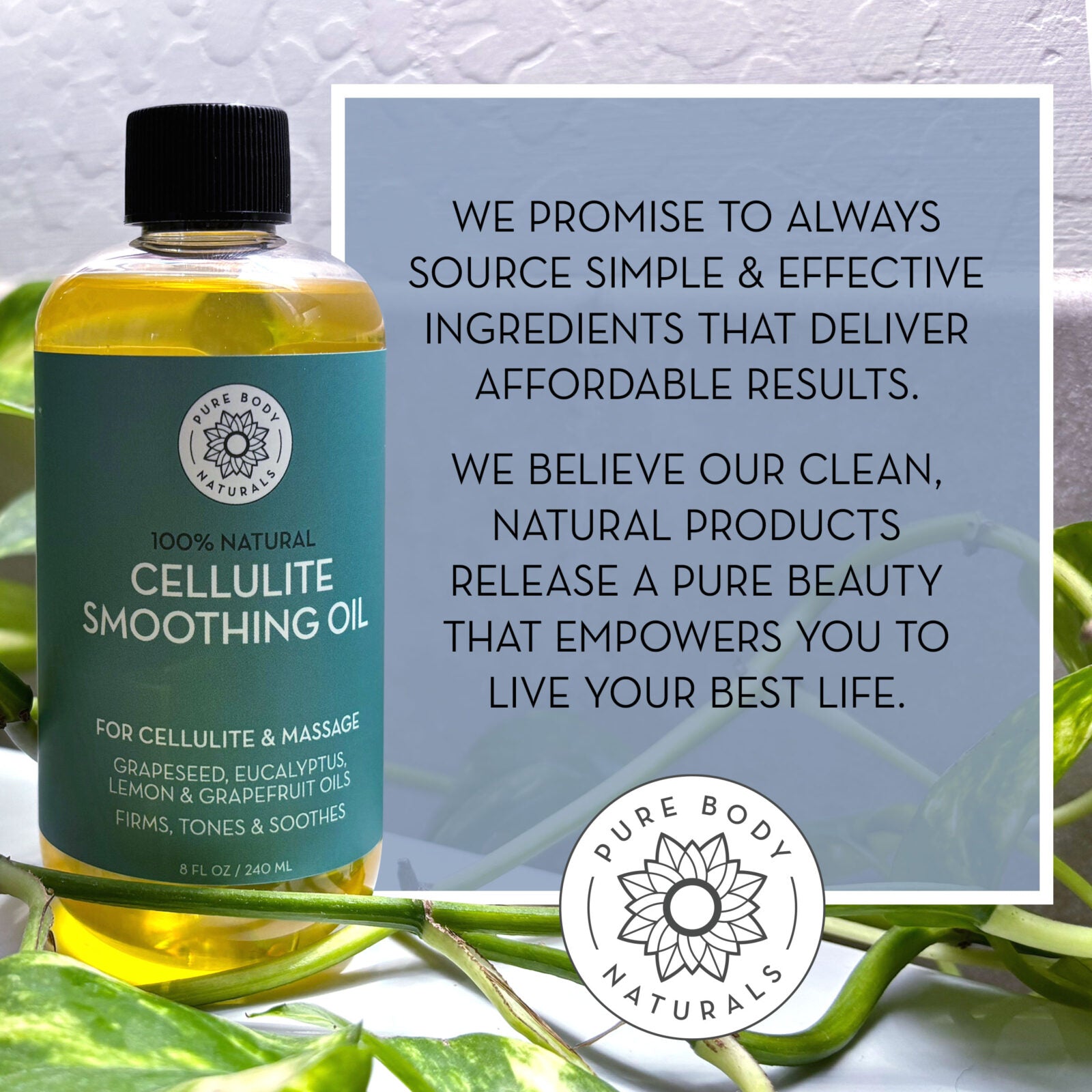 Bottle of Pure Body Naturals cellulite smoothing oil with brand logo and text on a light background