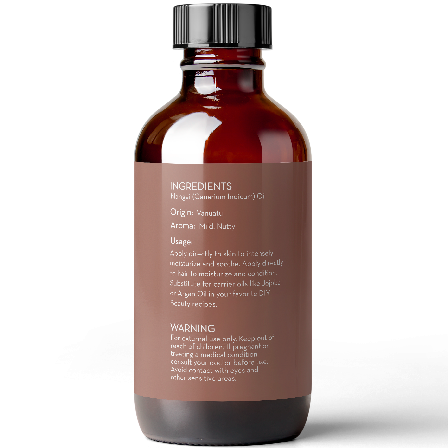 A brown glass bottle with a black cap is shown against a white background. The bottle features a label that provides information about the ingredients, origin (Vanuatu), aroma (mild, nutty), usage instructions, and a warning for external use and safety. Product Name: Nangai Oil, 4 fl oz.
