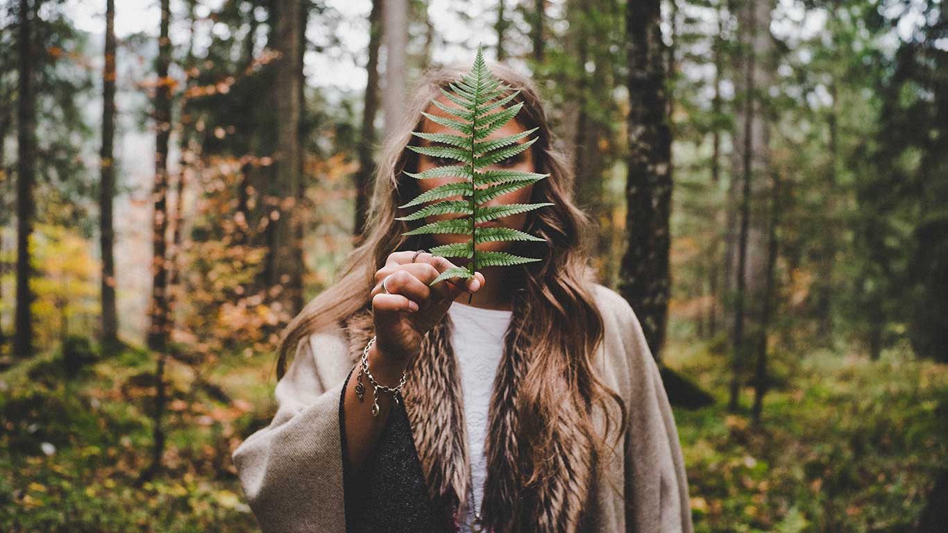 Person holding a fern leaf in front of their face in a forest