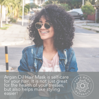 A woman with curly hair wearing sunglasses and a denim jacket smiles while standing outdoors. The text overlay promotes Moroccan Argan Oil Deep Hydration Hair Mask, stating it is self-care for hair, beneficial for health, and aids in easier styling.