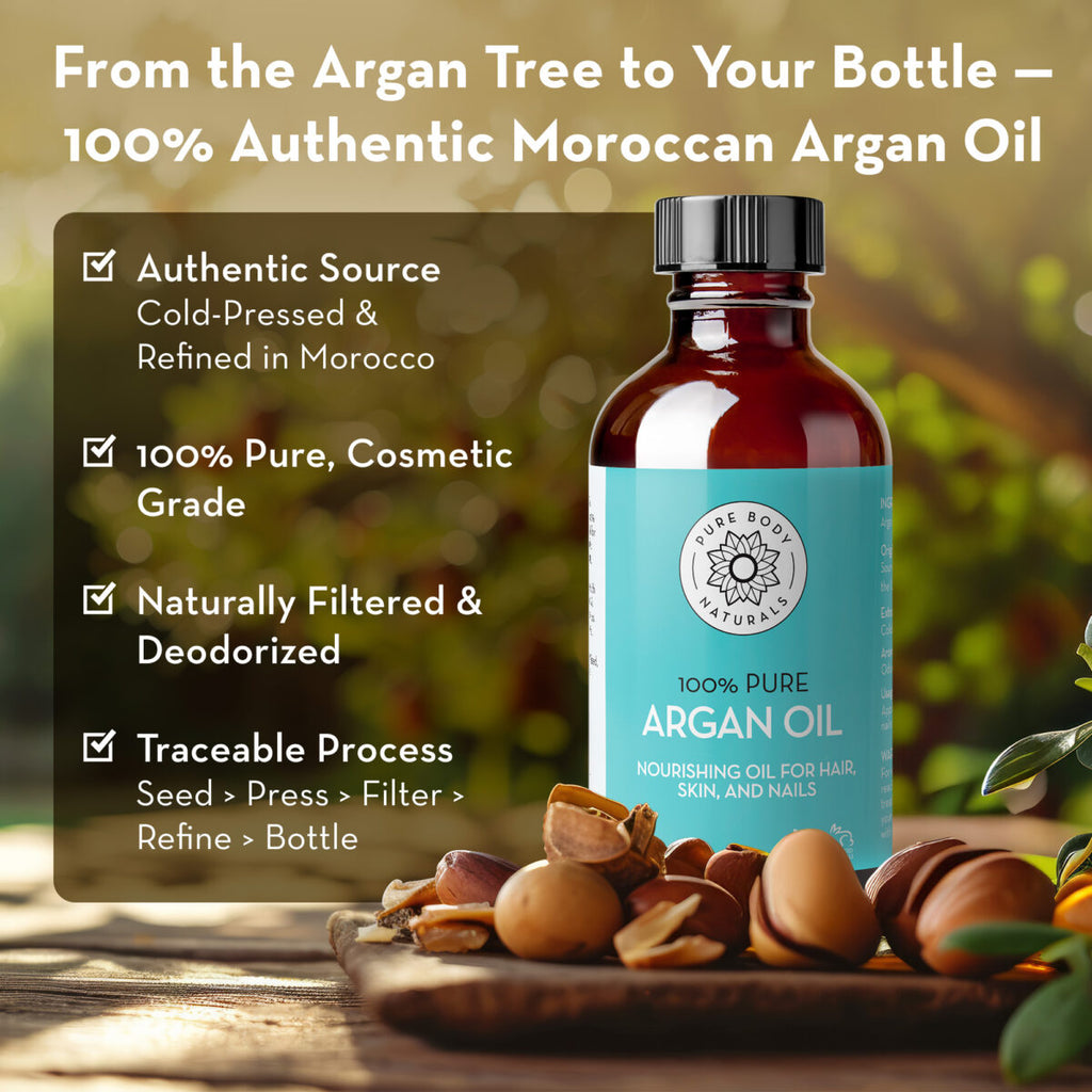 Bottle of 100% Pure Argan Oil with argan nuts on a wooden surface, set against a blurred natural background.