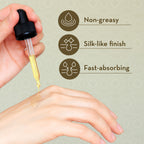Hand holding a dropper with oil, demonstrating non-greasy, silk-like finish, and fast-absorbing properties.
