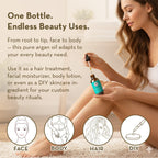 Woman using argan oil with text highlighting its versatility for beauty routines.