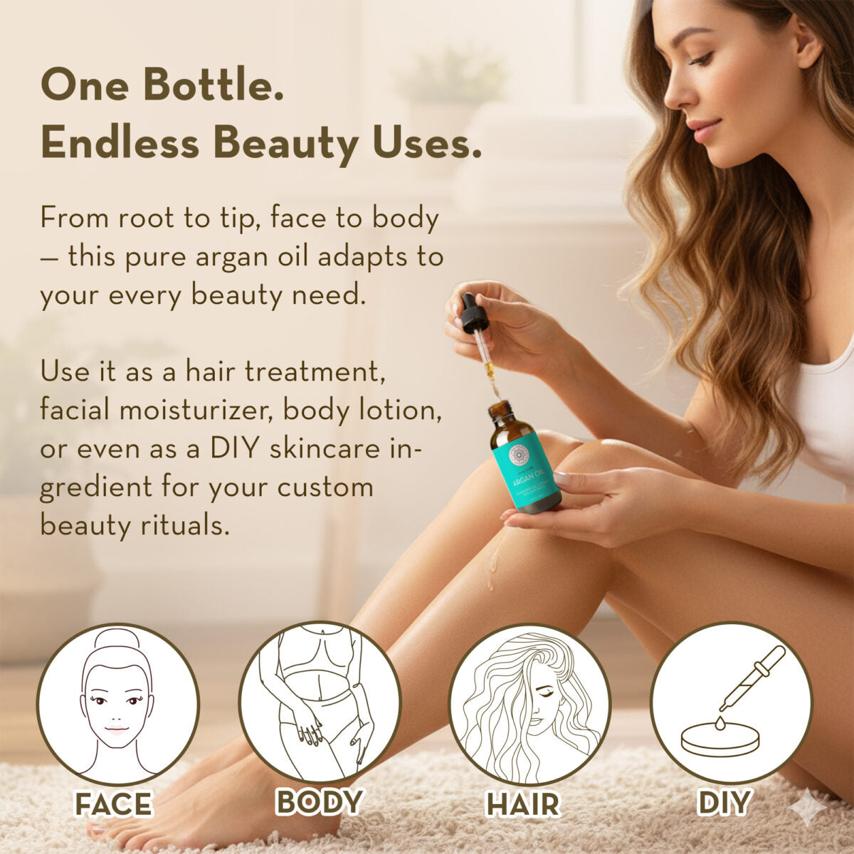 Woman using argan oil with text highlighting its versatility for beauty routines.