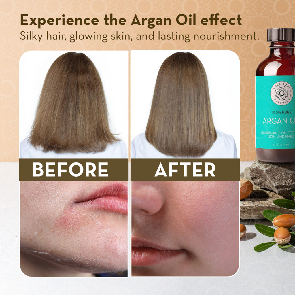 Advertisement for argan oil with 'before' and 'after' effects on hair and skin, alongside a bottle of argan oil.