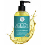 Bottle of cellulite smoothing oil with a pump on a white background