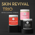 Three skincare products with labels on a black background, featuring 'Skin Revival Trio' text.